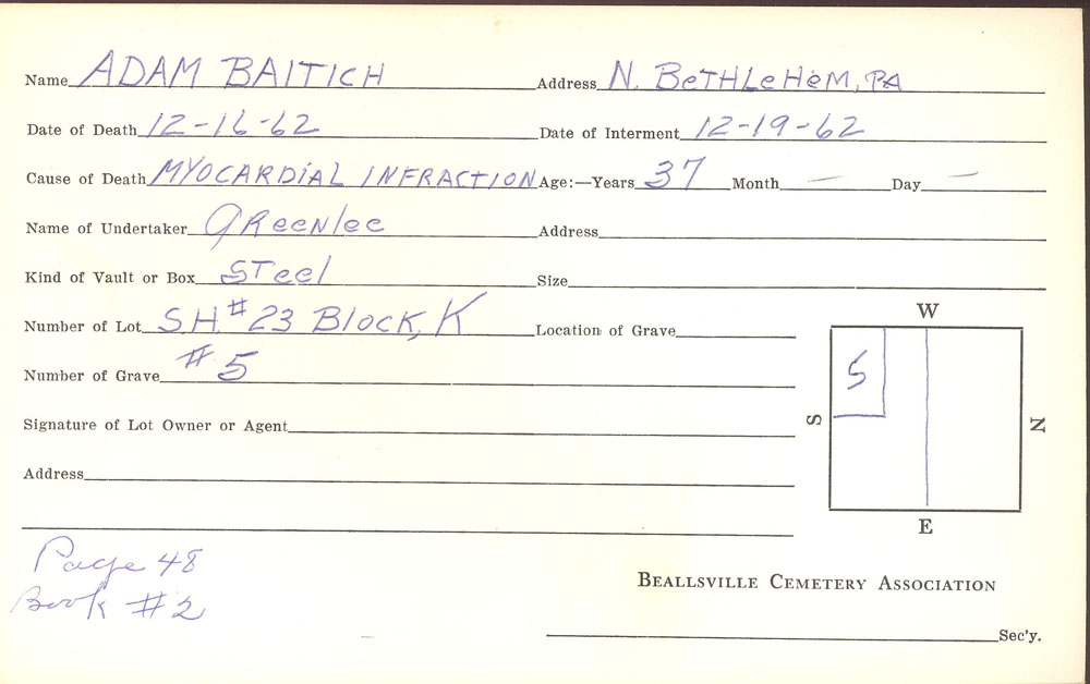 Adam Baltich burial card
